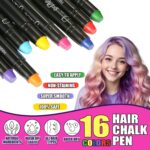 Jim&Gloria 16-color dustless hair chalk pen set — washable, non-staining, quick-dry, and easy to apply with natural ingredients; 100% safe, smooth, and works on all hair types for fun, temporary hair coloring