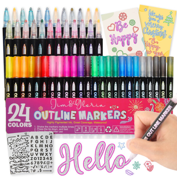 Jim&Gloria Outline Markers 24 Colors Glitter Pens, Metallic Acrylic Paint Markers, DIY Crafts, Scrapbook Art Supplies Teen Girl Gifts Trendy Stuff