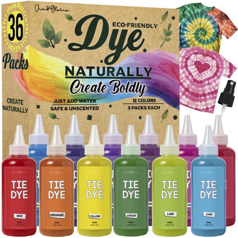 Eco-friendly tie-dye kit with 12 vibrant unscented colors in 3 packs each, made from safe, natural ingredients — just add water and create boldly